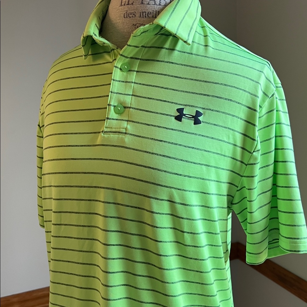 Under Armour Men's Lime Green Striped Playoff Polo Small Golf Athleisure Tennis - Picture 2 of 6